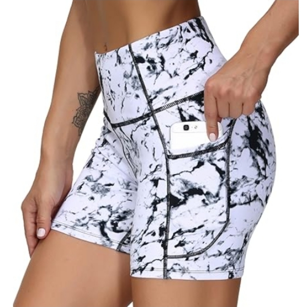High Waist Yoga Athletic Shorts with Deep Pockets Marble White
